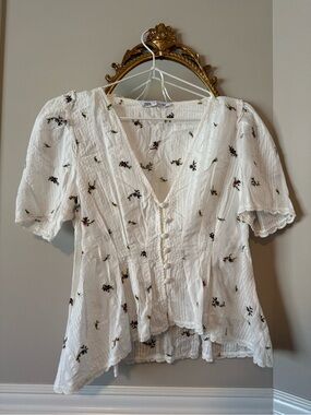 Zara White Embroidered V-Neck Button Peplum Top